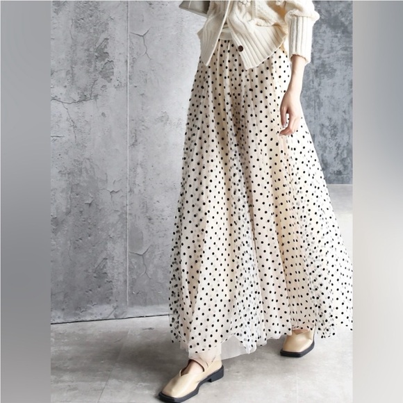 French Cream Polka Dot Pleated Maxi Skirt - Picture 2 of 11